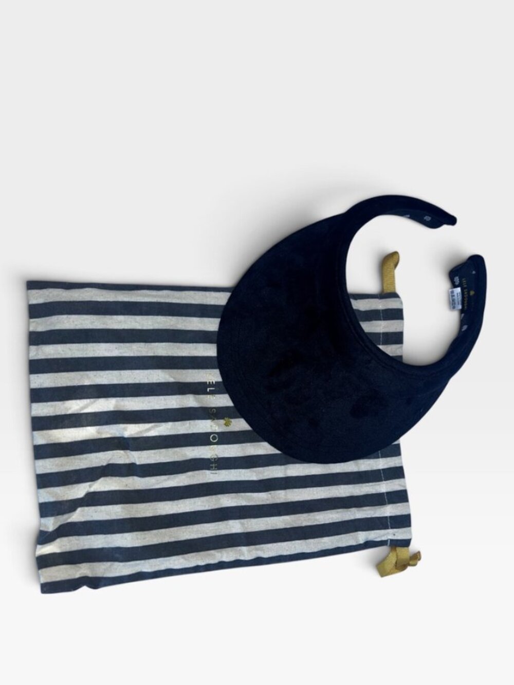 Lele Sadoughi black velvety visor hat with striped dust bag